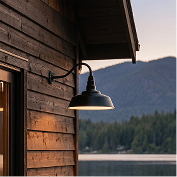 The Redondo barn light with a 16-inch gooseneck on a cabin exterior