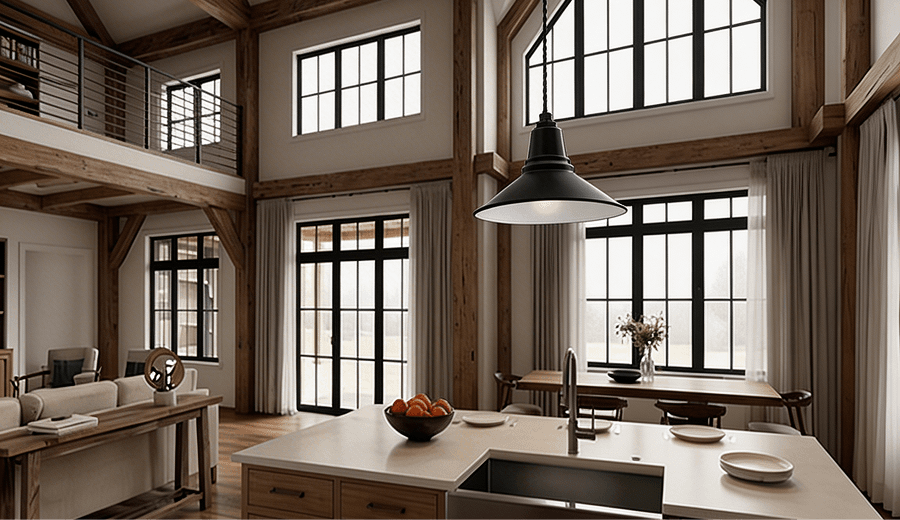 Indoor barn ceiling lighting in a living space