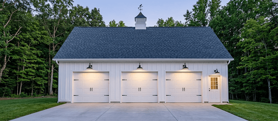 Home exterior with wall-mounted steel lights