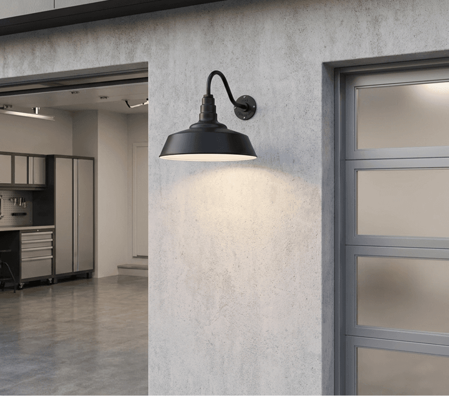 Steel lighting on a residential garage exterior