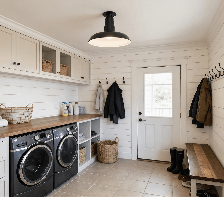 Steel lighting in a laundry room