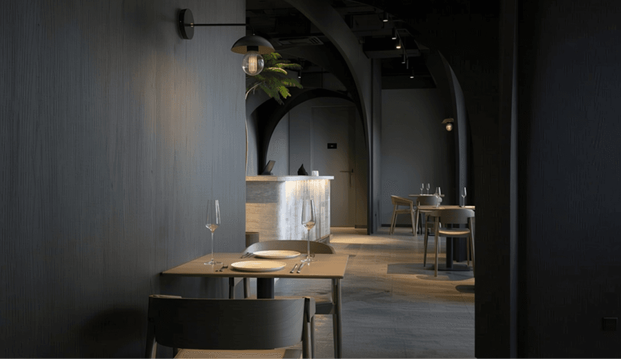 In-wall restaurant lighting along a dining area