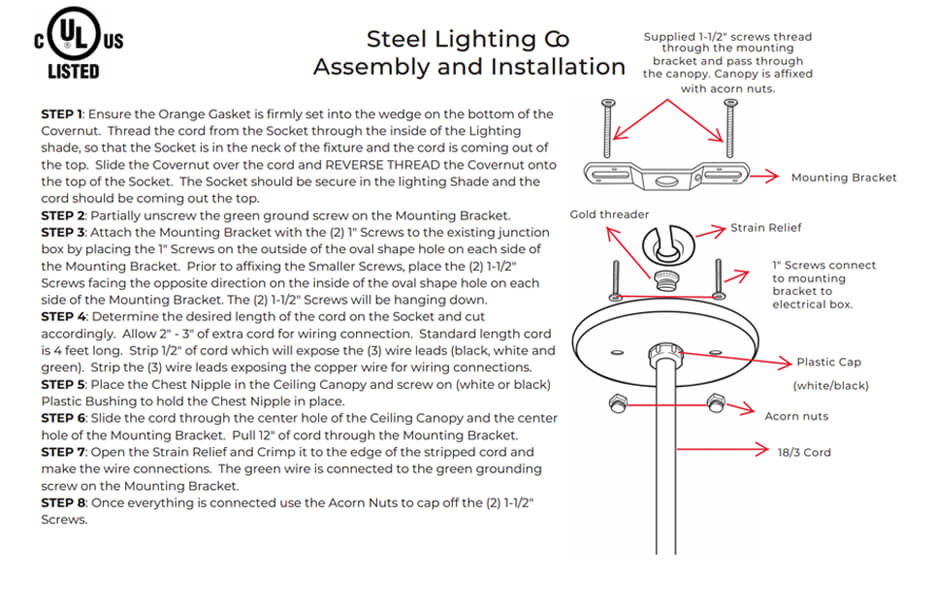 Cord Pendant Installation Instruction Steps