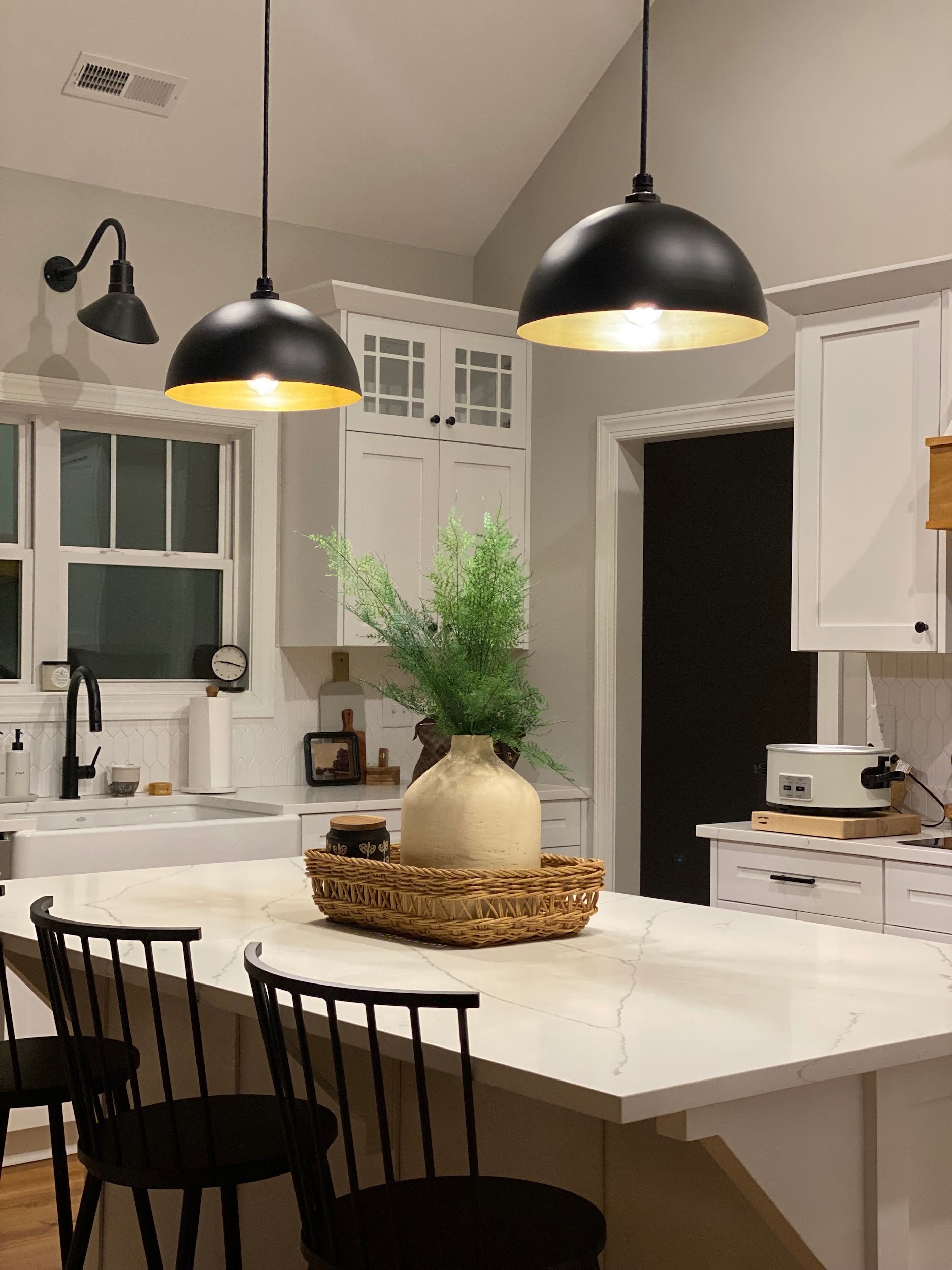 Dome Pendant Light Black With Brass or White Inlay, Large Black Bowl  Pendant Light Lamp, Kitchen Island Farmhouse Hanging Light, Melrose 