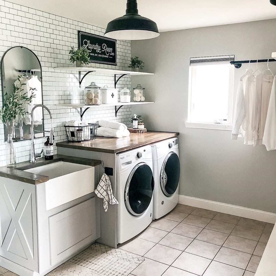 Carson light in a Farmhouse Style Laundry Room - A farmhouse lighting fixture