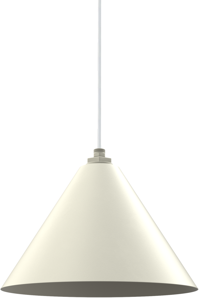 Modern white pendant light fixture with conical design, ideal for indoor spaces.