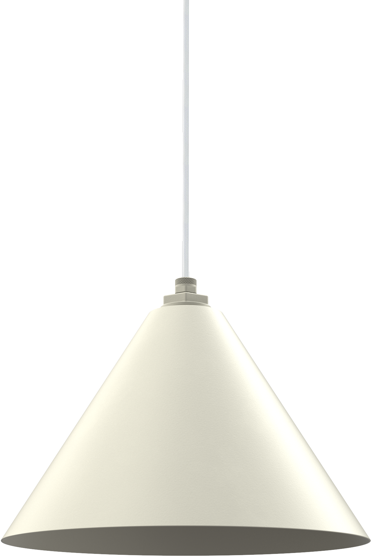 Modern white pendant light fixture with conical design, ideal for indoor spaces.