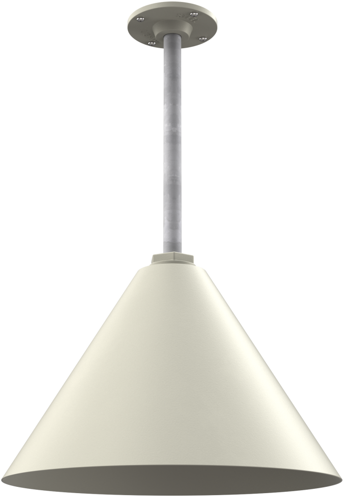 Cream-colored cone pendant light with long stem, ideal for modern kitchen or patio lighting.