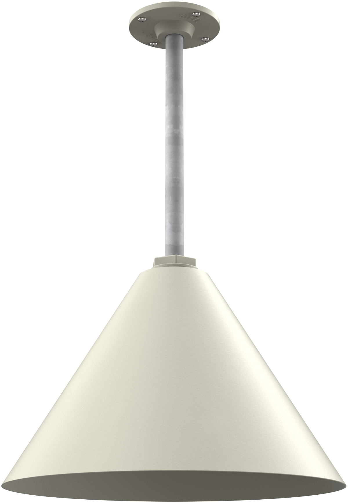 Cream-colored cone pendant light with long stem, ideal for modern kitchen or patio lighting.