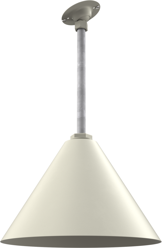 Cone-shaped pendant light with a metal finish for modern and farmhouse interiors.