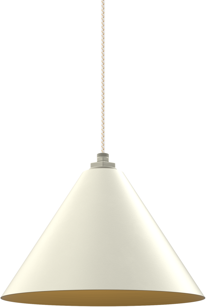 Minimalist cream pendant light fixture with cone-shaped shade and braided cord for modern interiors.