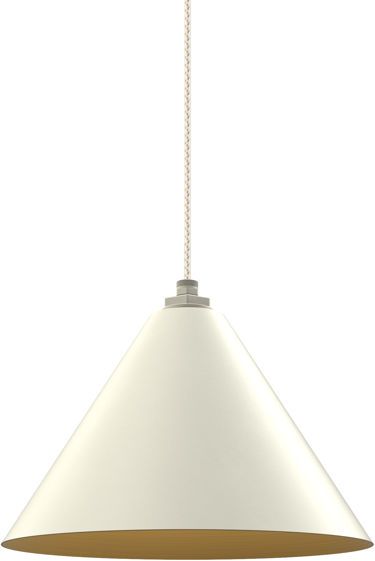 Minimalist cream pendant light fixture with cone-shaped shade and braided cord for modern interiors.
