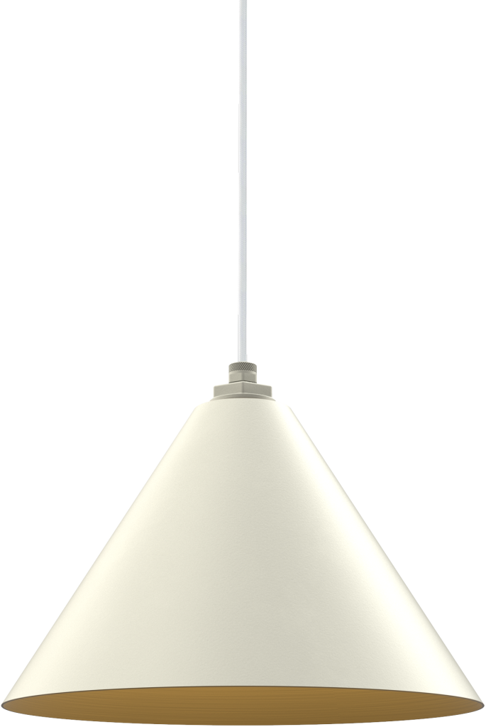 Modern cone-shaped pendant light with a minimalist design and smooth finish, hanging from a white cord.