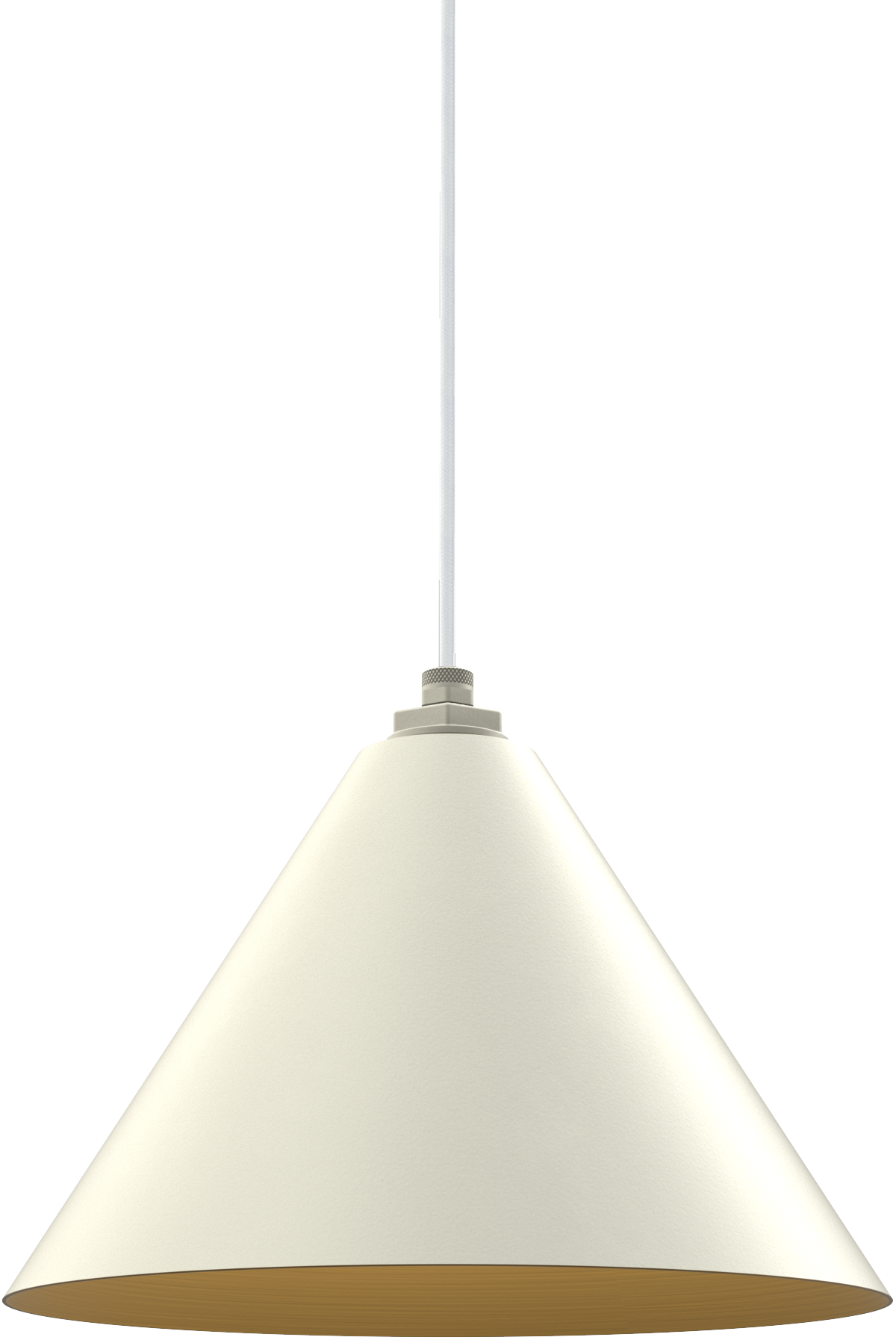 Modern cone-shaped pendant light with a minimalist design and smooth finish, hanging from a white cord.