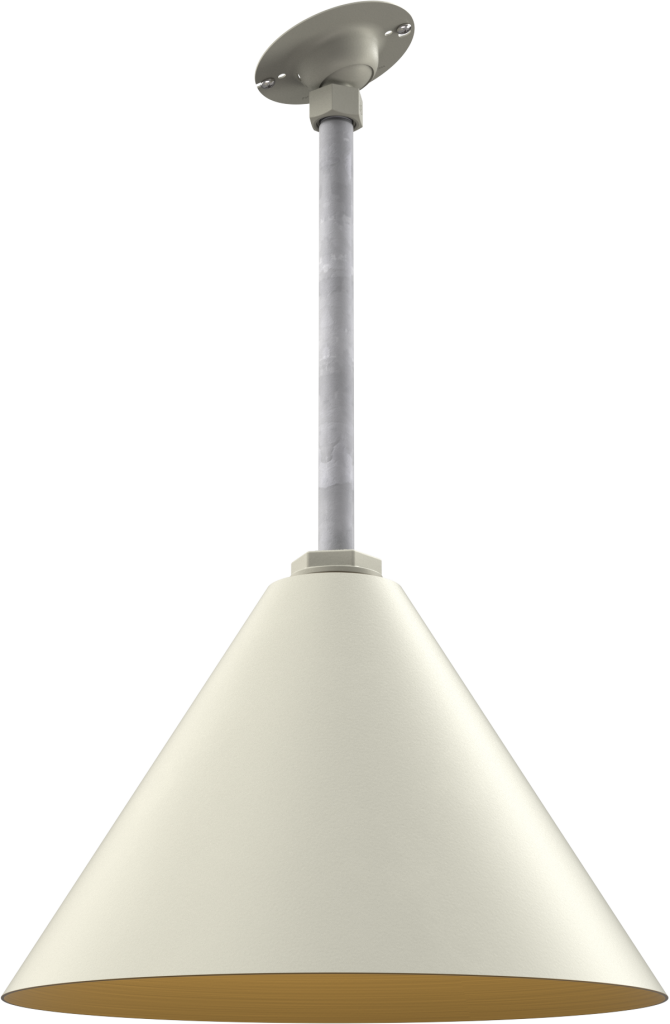 Pendant light fixture with a sleek design, featuring a conical shade and metallic rod mount. Ideal for modern interiors.