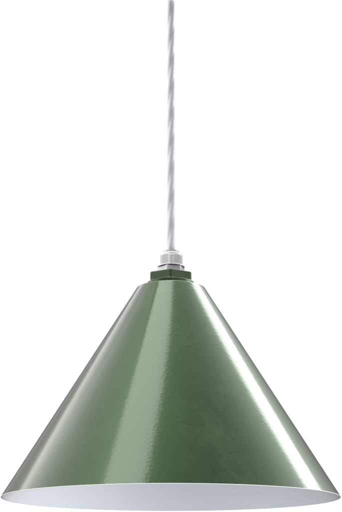 Green metal pendant light fixture with a sleek conical design, suitable for stylish kitchen or hallway lighting.