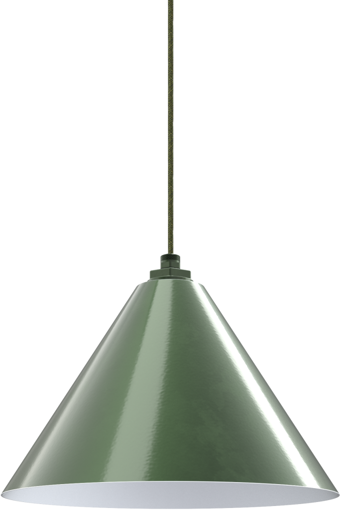 Green cone-shaped pendant light fixture, perfect for a modern kitchen or dining space.