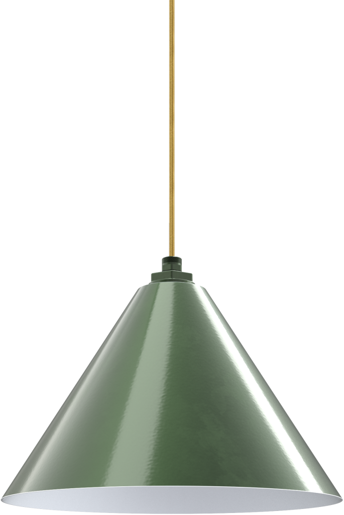 Green metal pendant light with a glossy finish and cone shape, hanging from a brass cord.