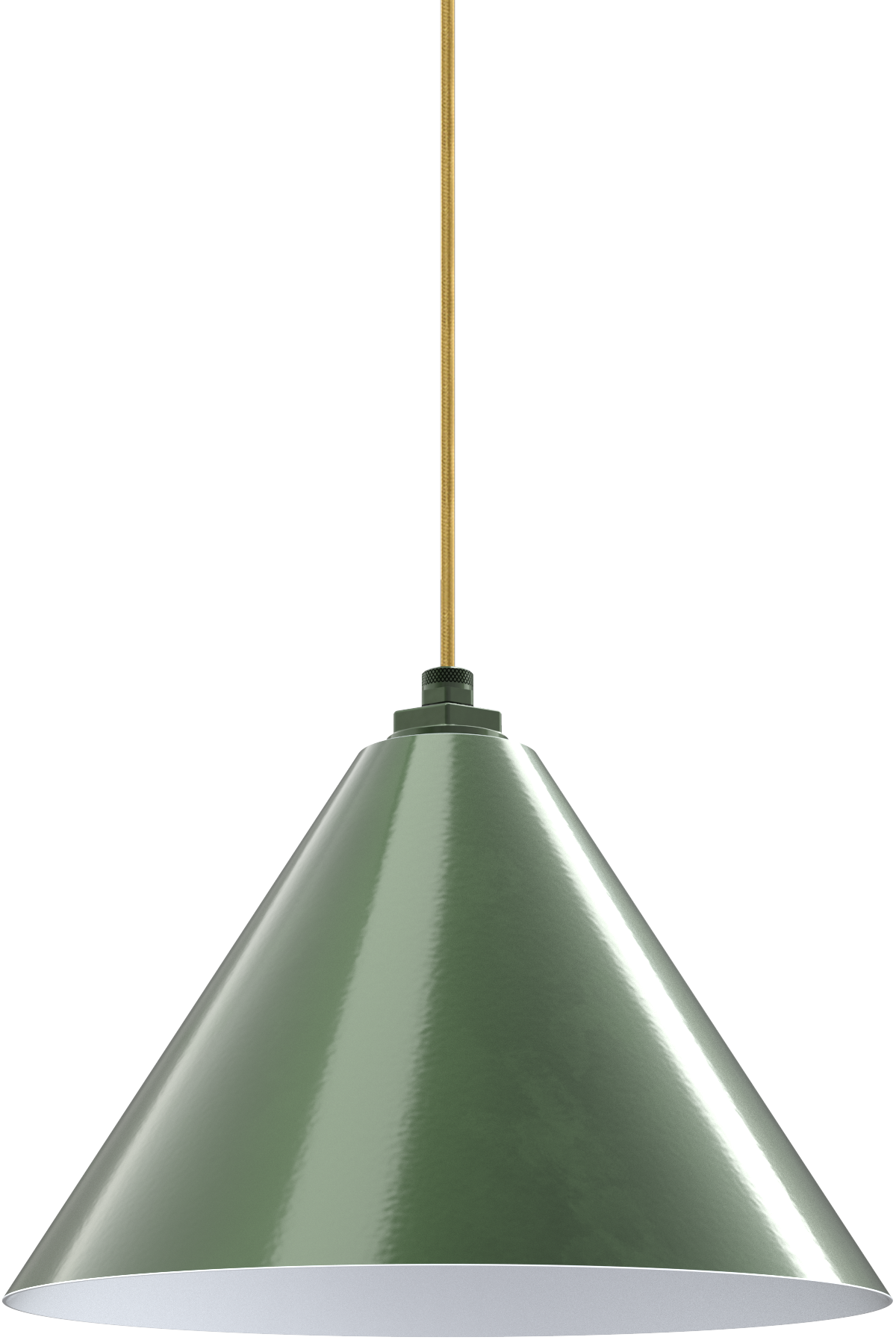Green metal pendant light with a glossy finish and cone shape, hanging from a brass cord.
