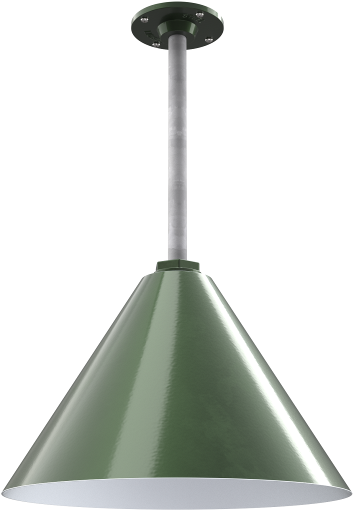 Green metal pendant light with conical shade and long stem, suitable for farmhouse or barn-style interior design.