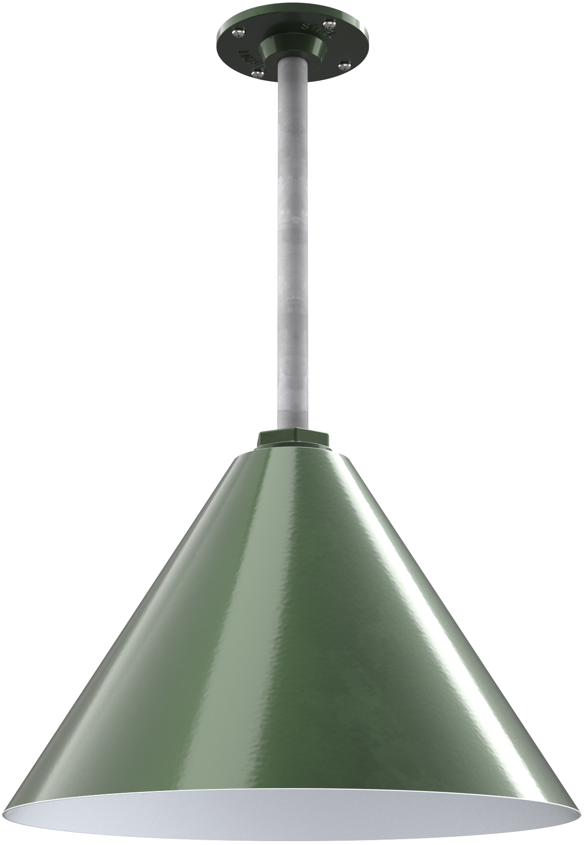 Green metal pendant light with conical shade and long stem, suitable for farmhouse or barn-style interior design.