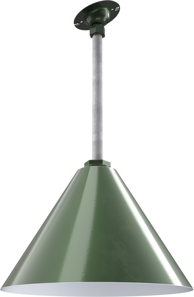 Green metal pendant light with a conical shade and ceiling mount pole. Ideal for farmhouse or barn-style decor.