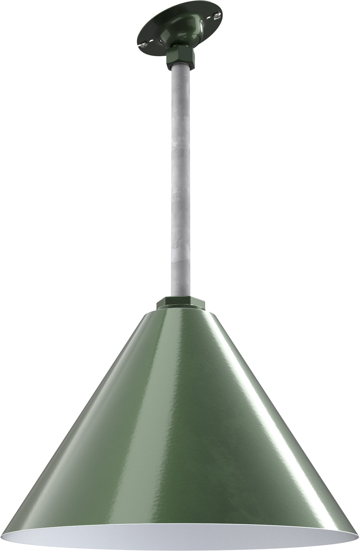 Green metal pendant light with a conical shade and ceiling mount pole. Ideal for farmhouse or barn-style decor.
