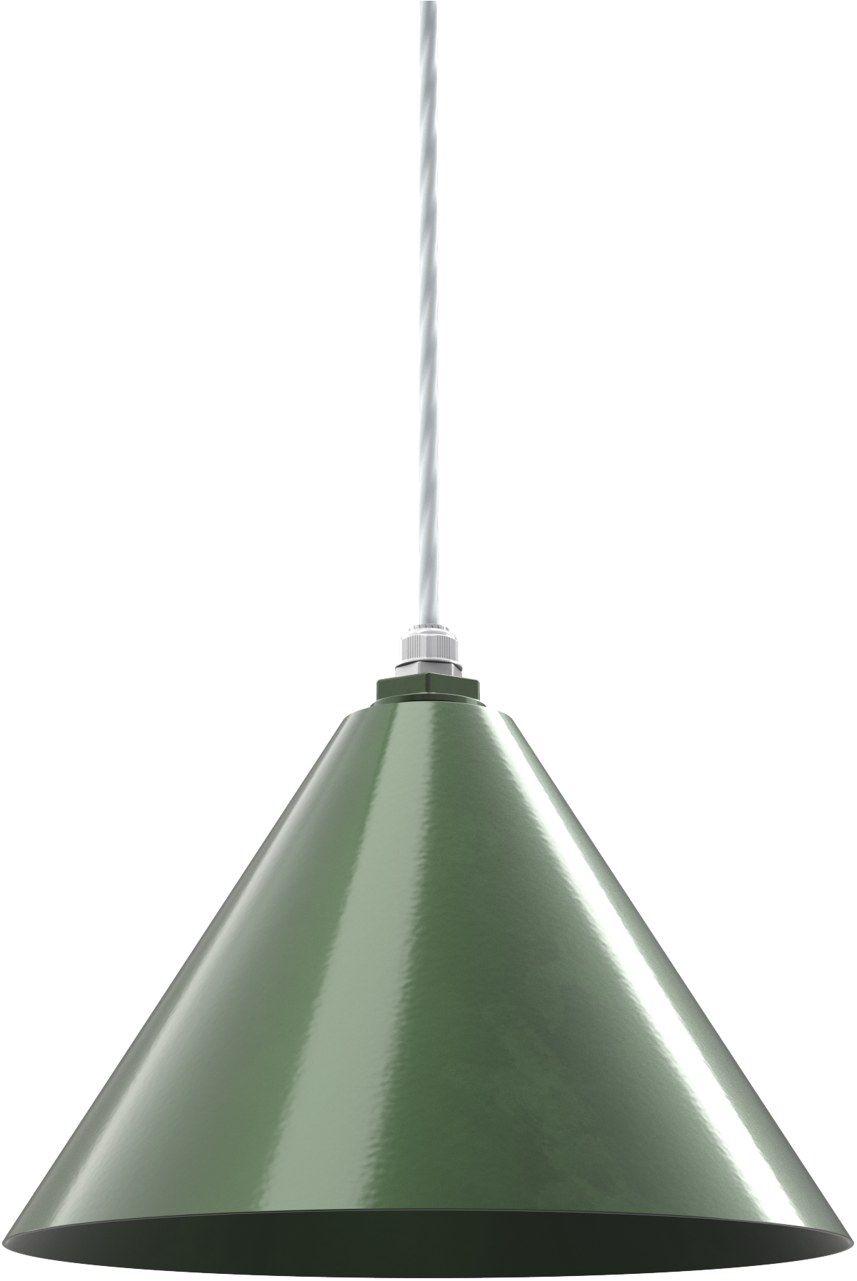Green metal pendant light fixture with twisted cord for stylish indoor or outdoor use.