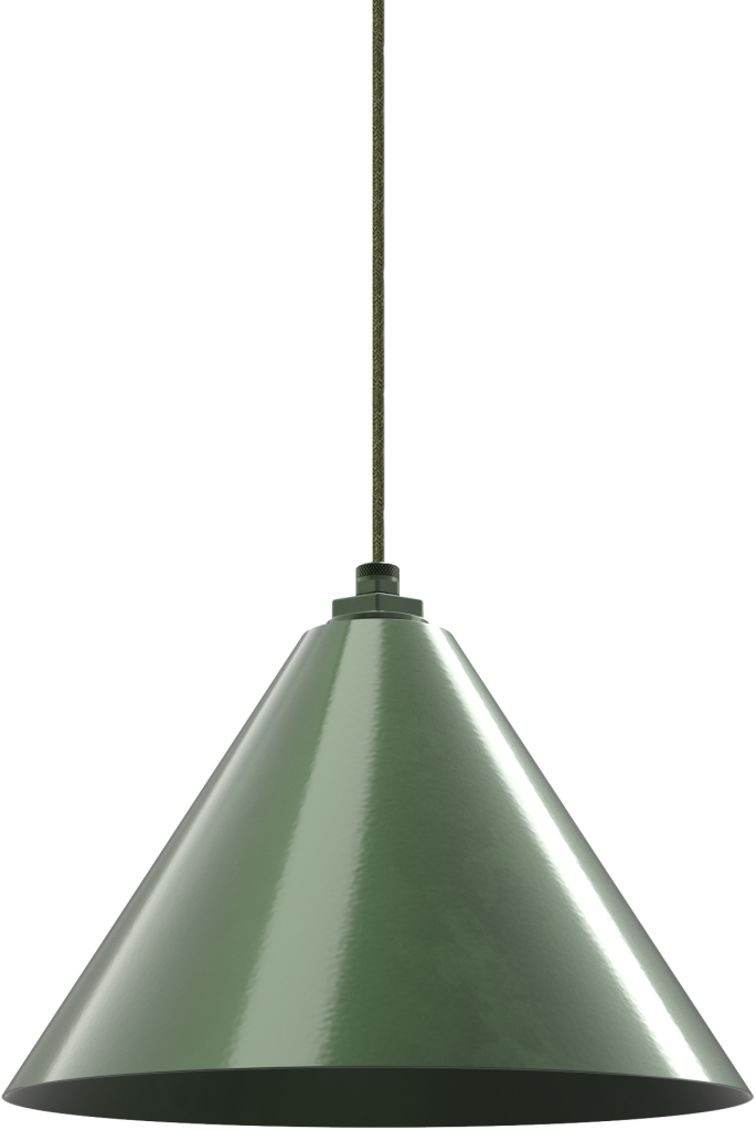 Green metal pendant light with cone shape and cord, perfect for industrial-style interiors or kitchens.