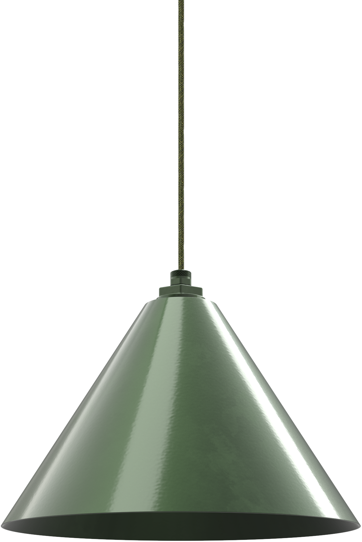 Green metal pendant light with cone shape and cord, perfect for industrial-style interiors or kitchens.