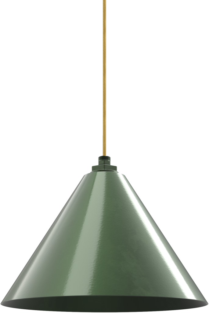Green metal pendant light with cone shade, perfect for kitchens or industrial decor.