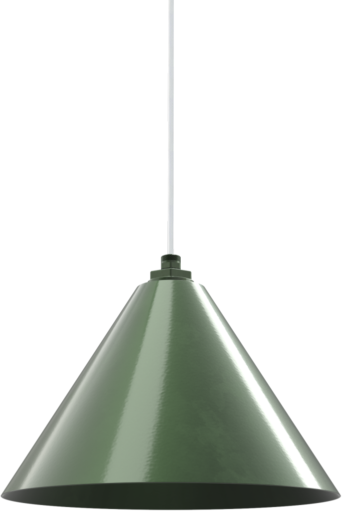 Green metal pendant light with sleek design, ideal for kitchens or modern interiors.