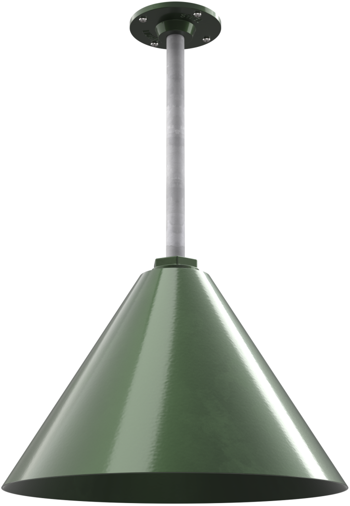 Green metal pendant light fixture with conical shade and ceiling mount. Ideal for industrial or modern decor.