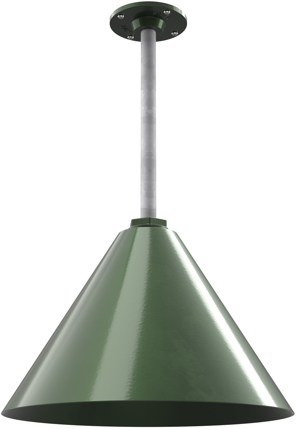 Green metal pendant light fixture with conical shade and ceiling mount. Ideal for industrial or modern decor.