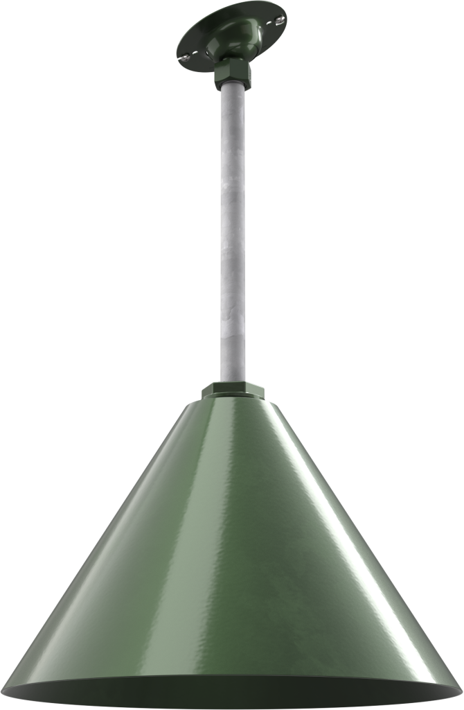 Green metal pendant light fixture with a sleek conical shade, ideal for industrial-style decor.
