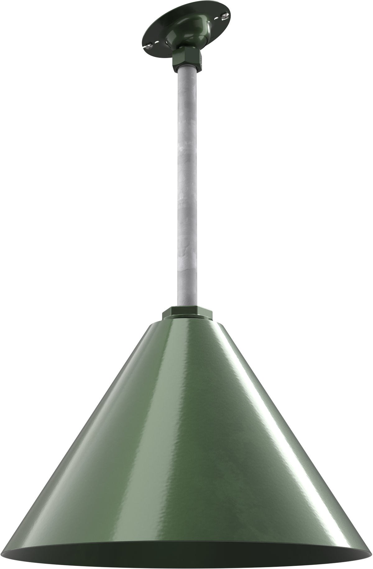 Green metal pendant light fixture with a sleek conical shade, ideal for industrial-style decor.