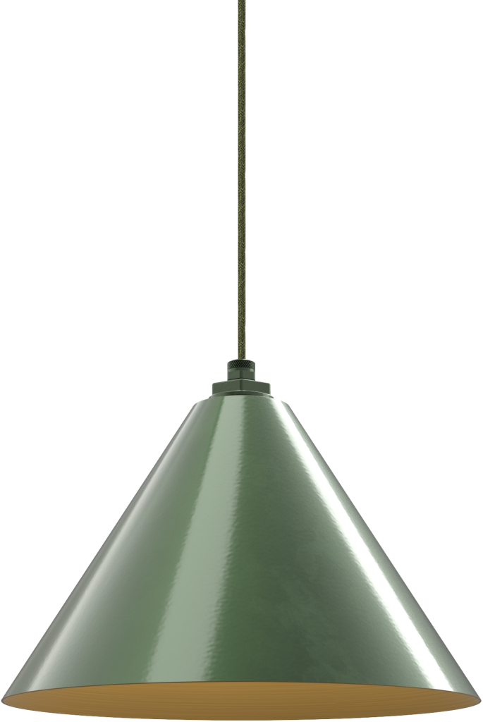 Green metal pendant light with conical shade, ideal for modern kitchen or farmhouse decor settings.