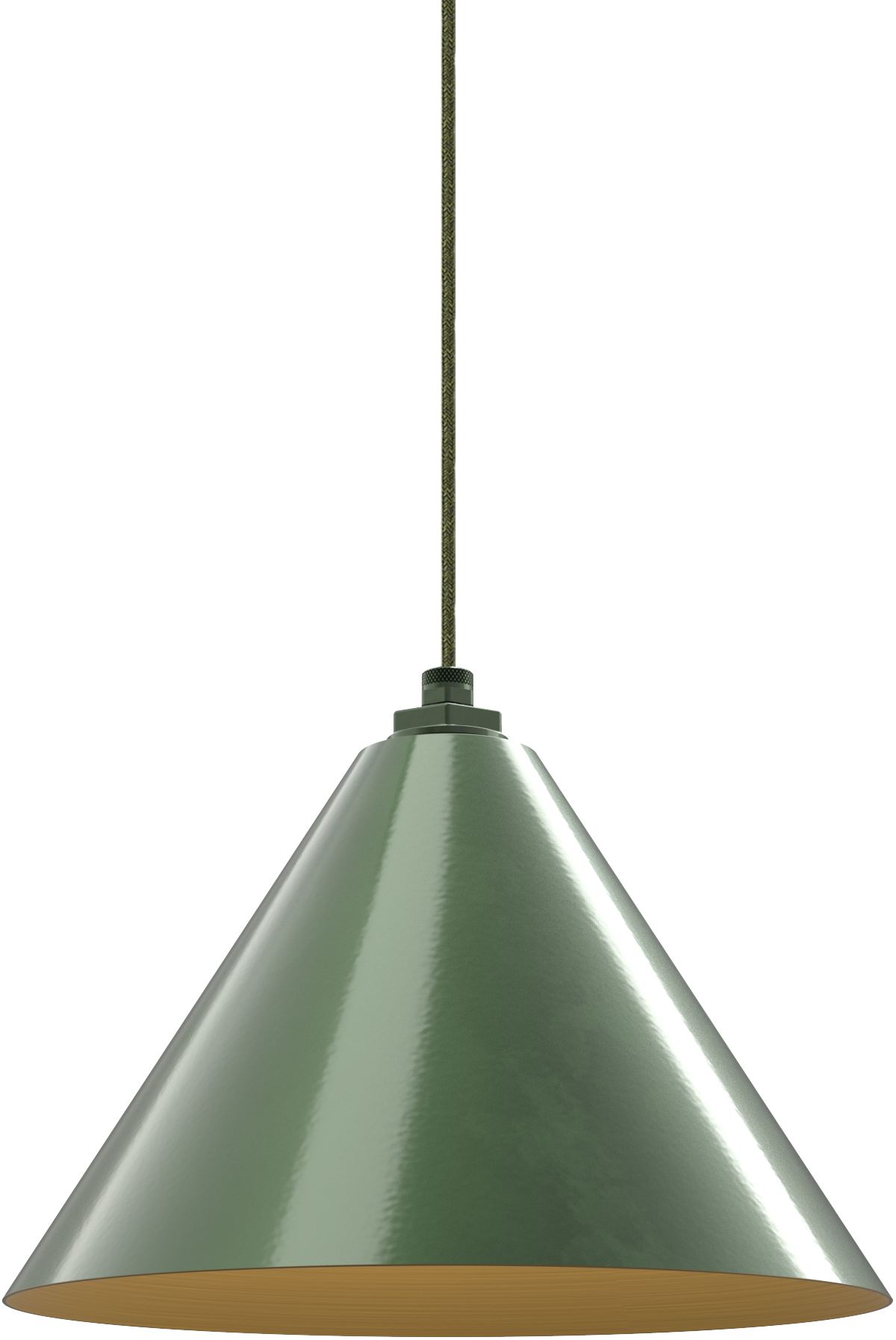 Green metal pendant light with conical shade, ideal for modern kitchen or farmhouse decor settings.
