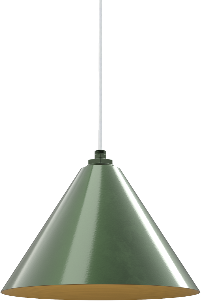 Green metal pendant light with sleek design, suitable for modern kitchen lighting or workspace decor.