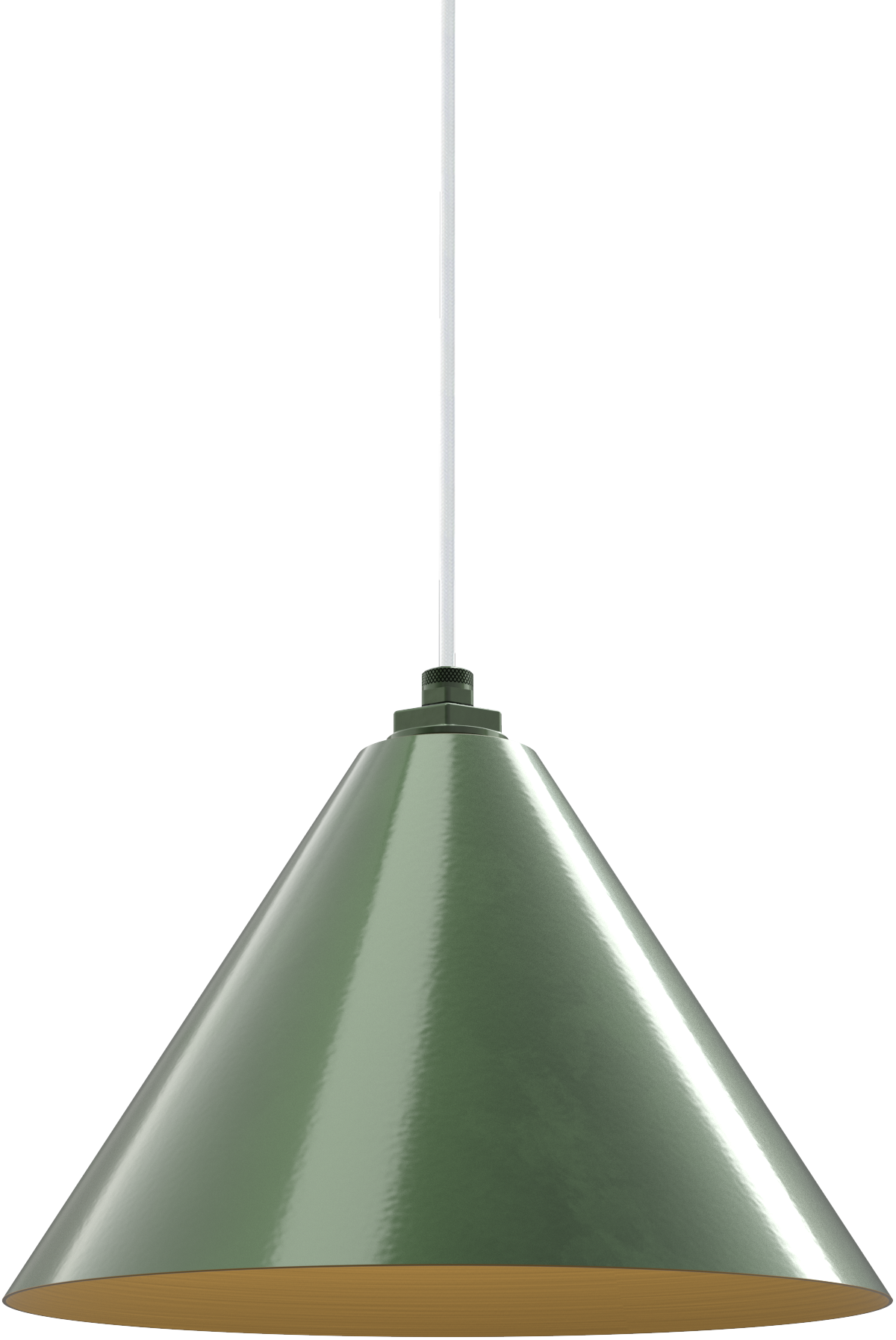Green metal pendant light with sleek design, suitable for modern kitchen lighting or workspace decor.