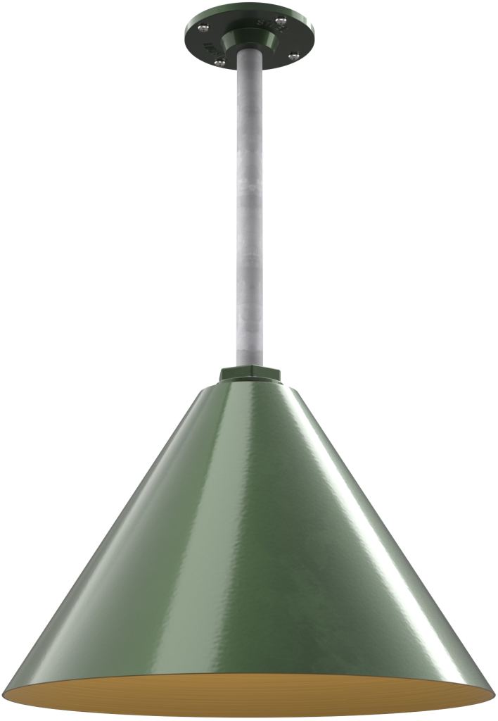 Green metal pendant light with cone shape, perfect for farmhouse decor or kitchen island lighting.