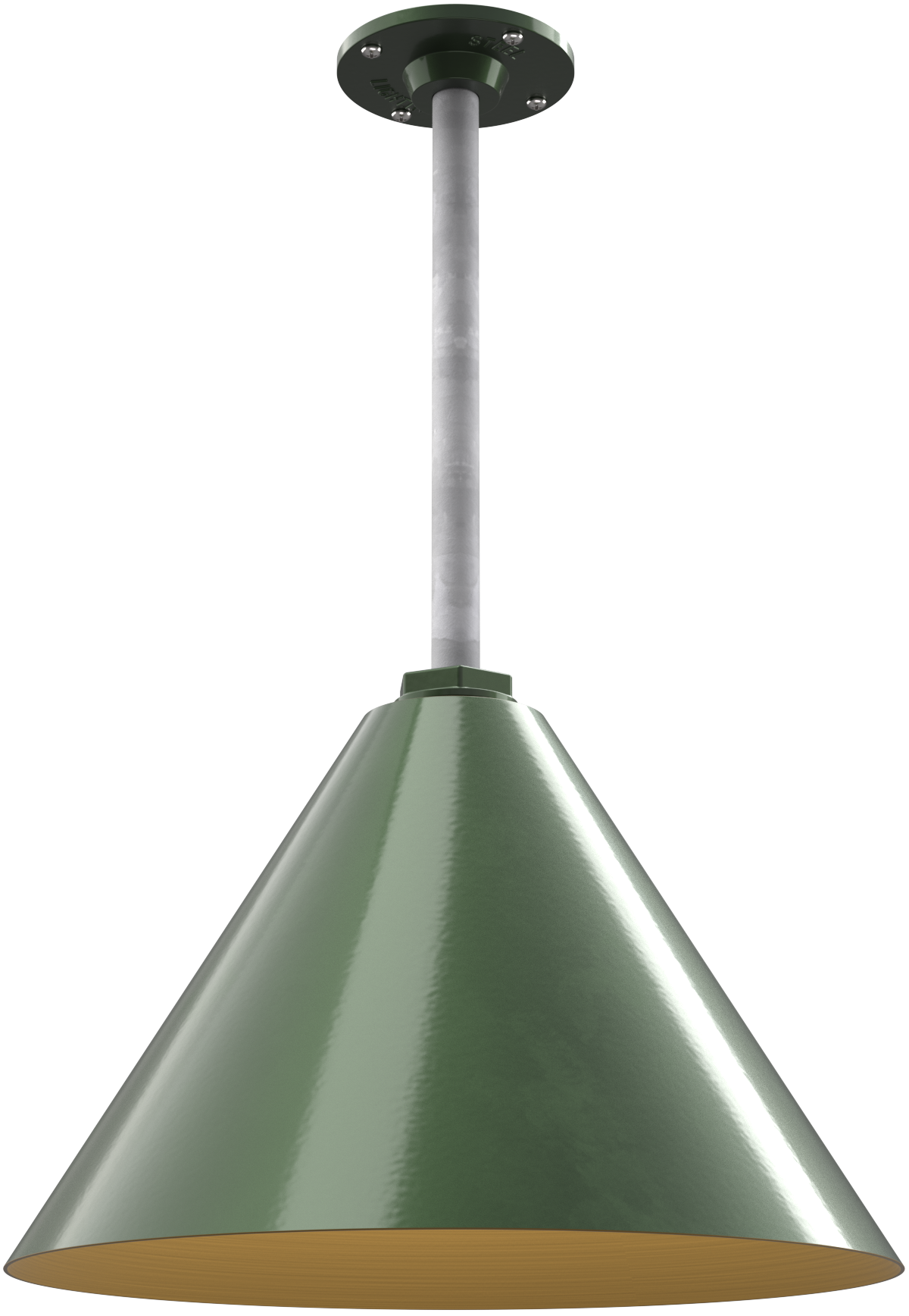 Green metal pendant light with cone shape, perfect for farmhouse decor or kitchen island lighting.