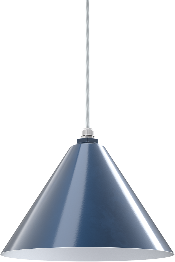 Blue metal pendant light fixture with a conical shade and hanging cord. Ideal for modern and minimalist interiors.