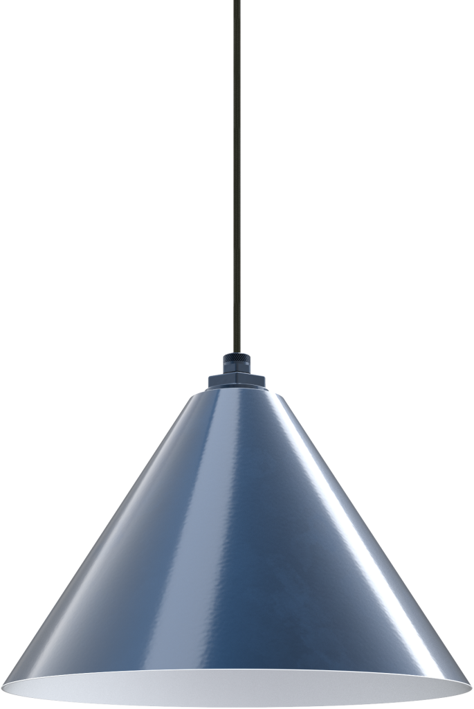 Blue metal pendant light hanging by a cord, ideal for modern kitchen or barn lighting.