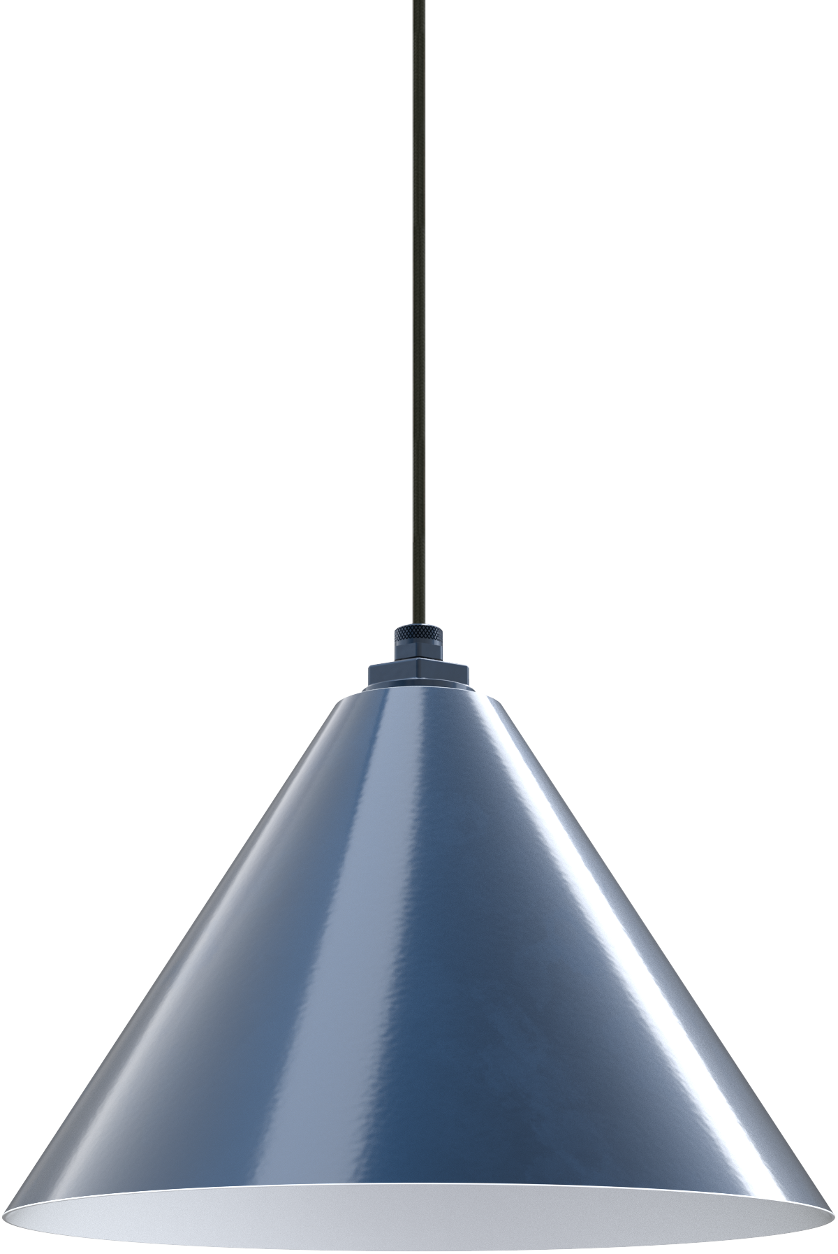 Blue metal pendant light hanging by a cord, ideal for modern kitchen or barn lighting.