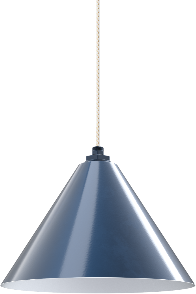 Hanging blue industrial pendant light fixture with cable, ideal for modern kitchens or workspaces.
