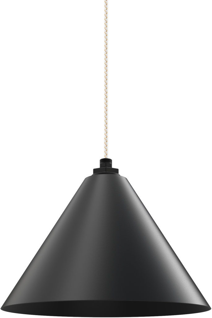 Sleek black cone-shaped pendant light with a woven cord, ideal for modern kitchens or over-the-sink lighting.
