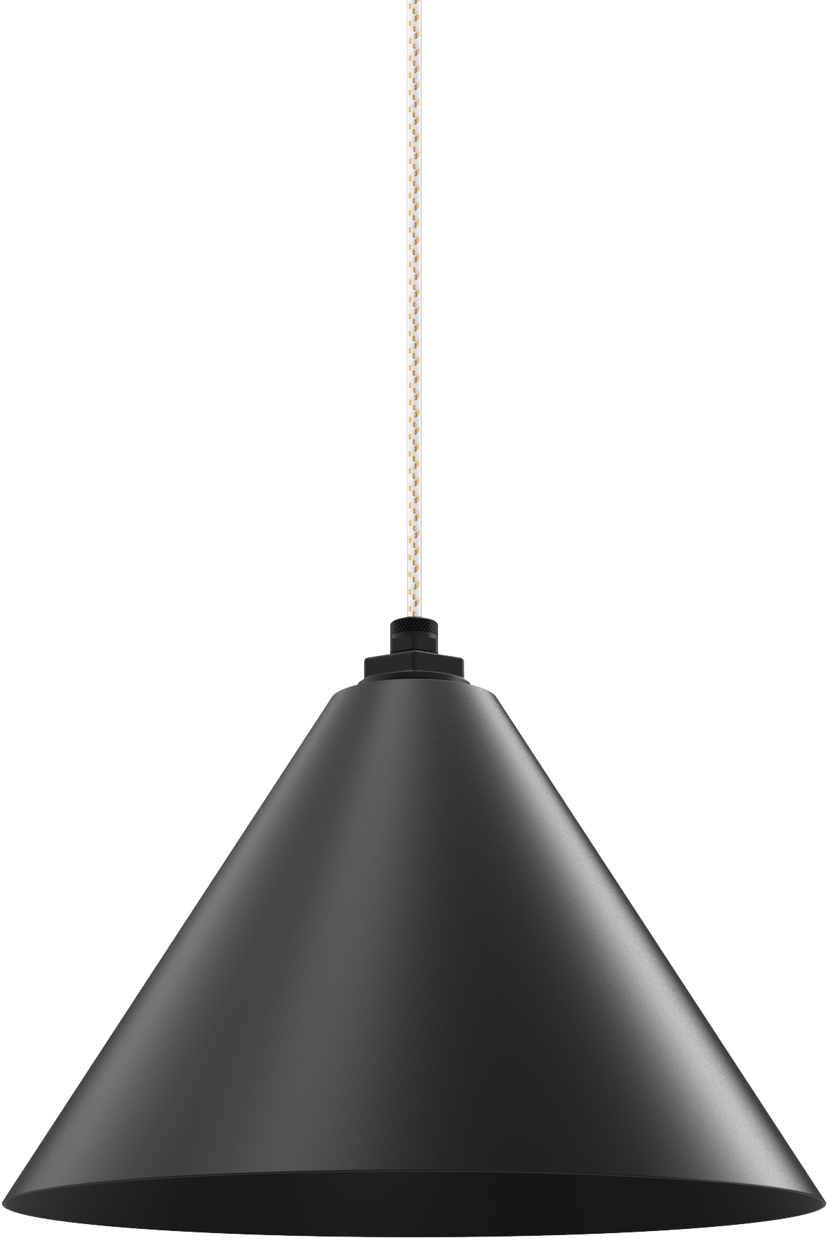 Sleek black cone-shaped pendant light with a woven cord, ideal for modern kitchens or over-the-sink lighting.