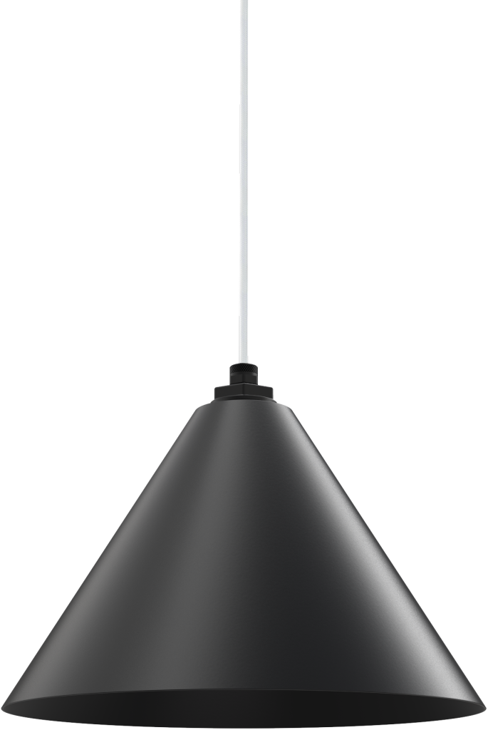 Sleek black metal pendant light with cone shape, perfect for modern kitchen or dining room lighting.