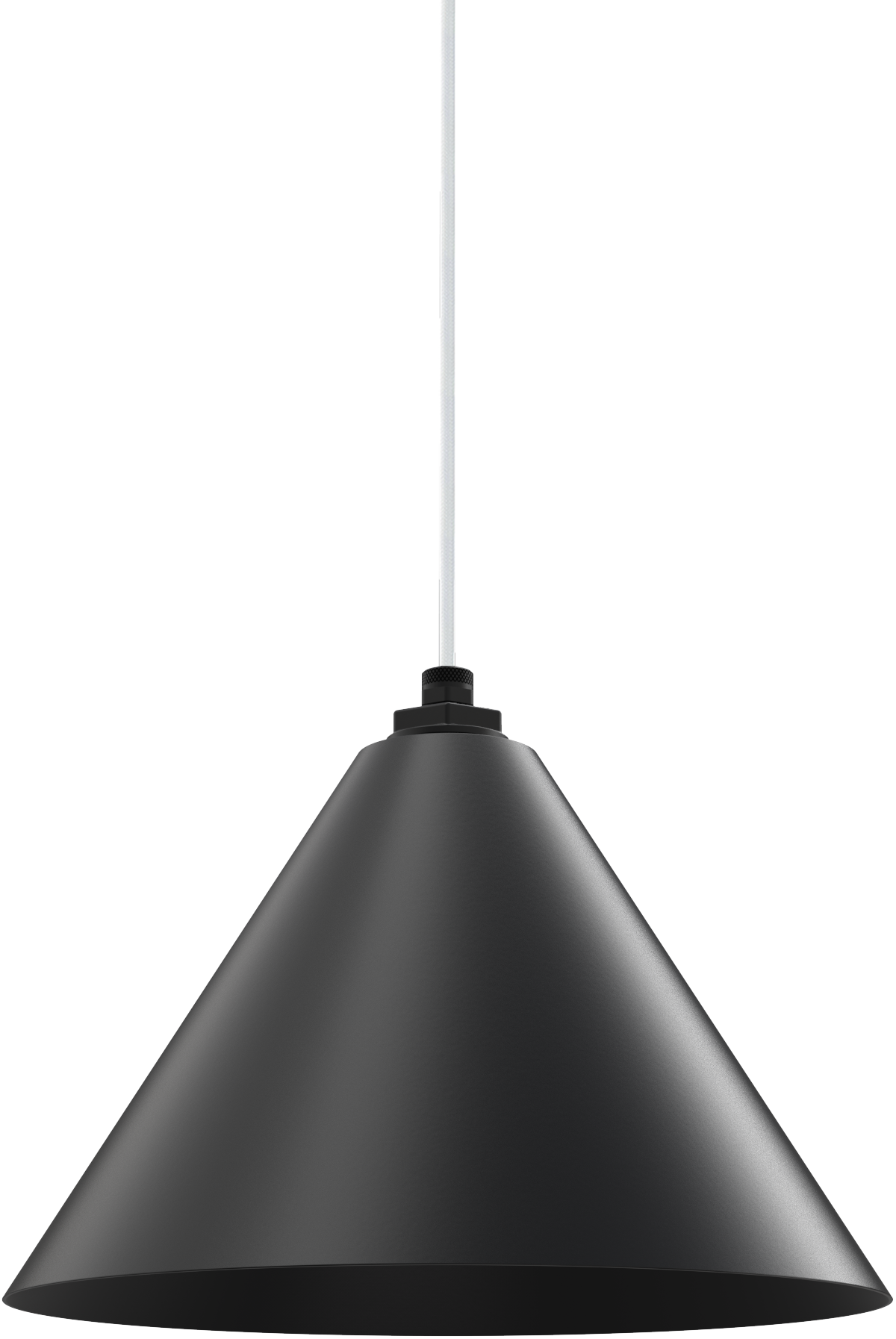 Sleek black metal pendant light with cone shape, perfect for modern kitchen or dining room lighting.